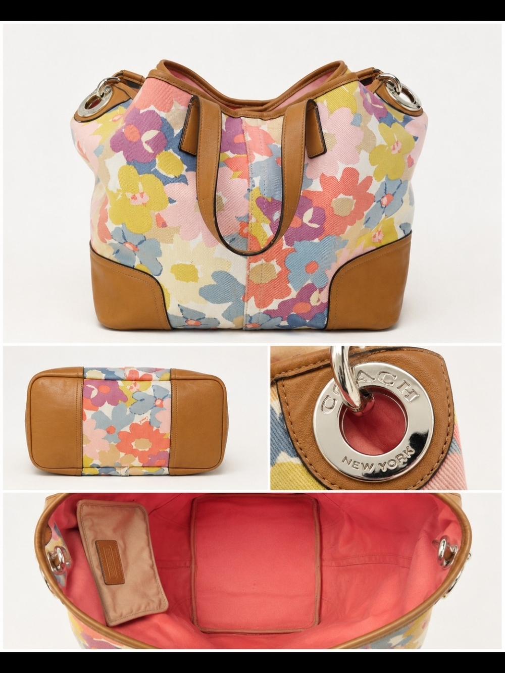 COACH Multicolor Floral Canvas Tote with Tan Leather Trim